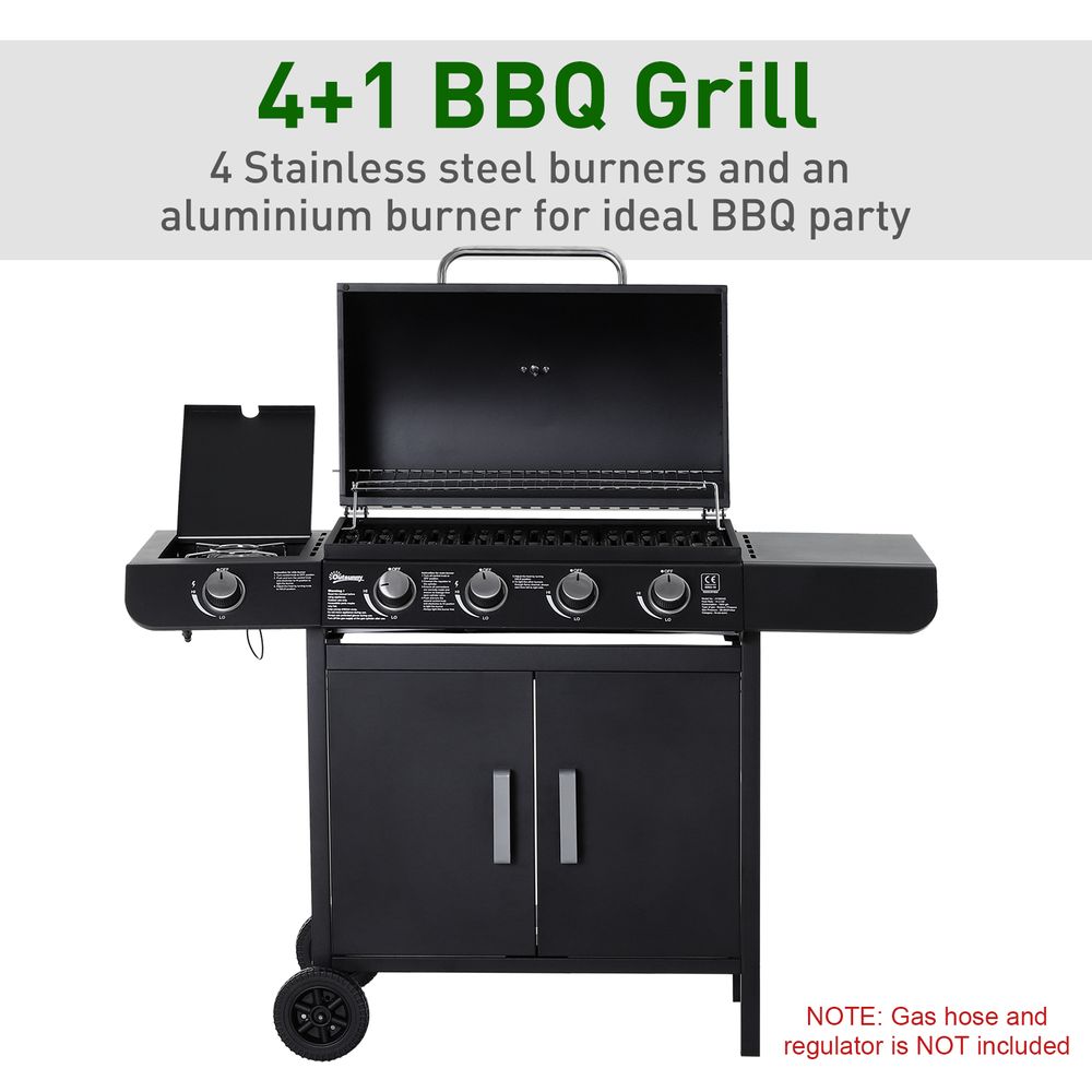 4+1 Gas BBQ Grill with Wheels, Steel-Black