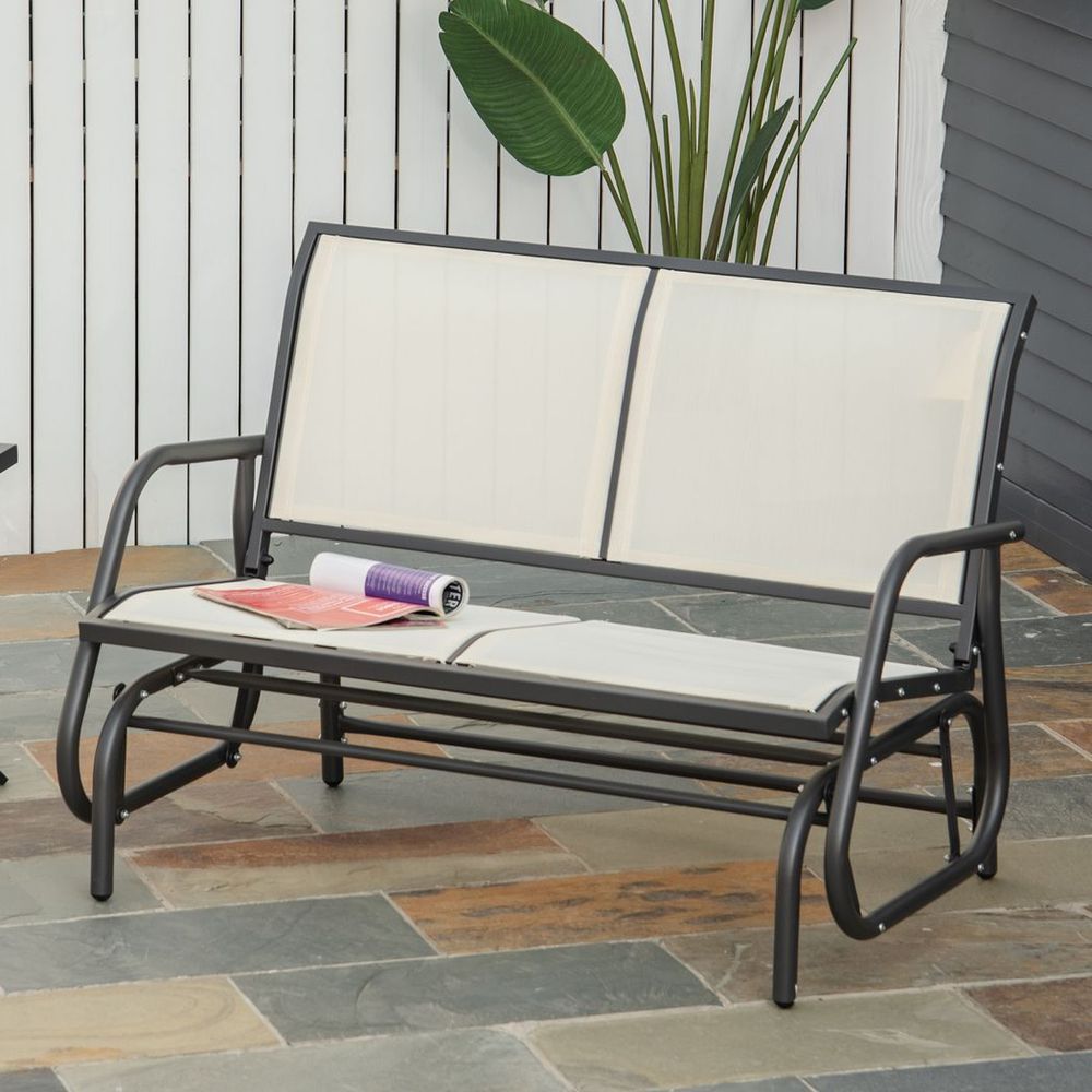 Beige 2-Person Patio Glider Bench: Gliding Chair Loveseat with Armrests