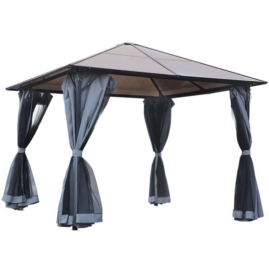 3x4m Garden Aluminium Gazebo Hardtop Roof with Mesh Curtains  Grey