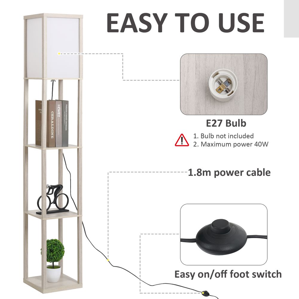 4-Tier Floor Lamp, Floor Light with Storage Shelf White and Oak 3-Tier