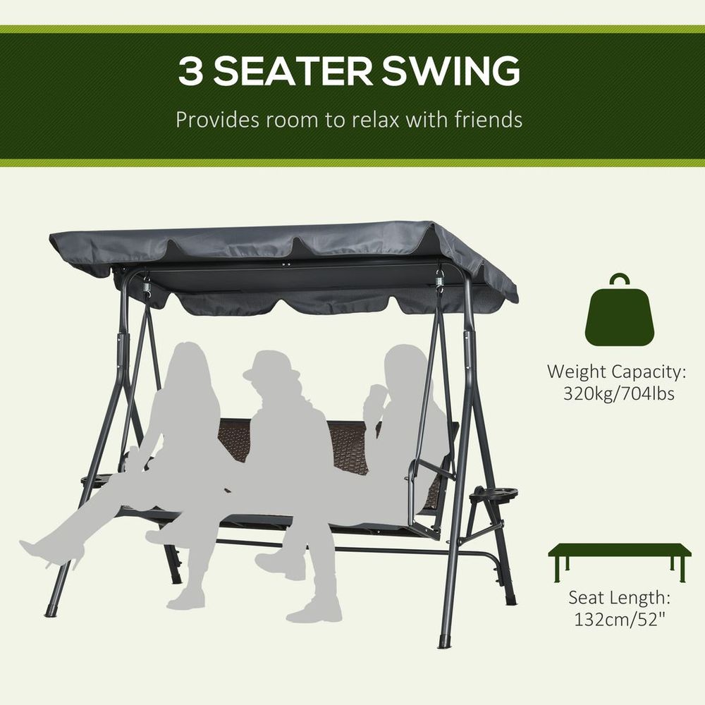 3-Seater Garden Swing Seat Bench with Adjustable Canopy and Rattan Seat