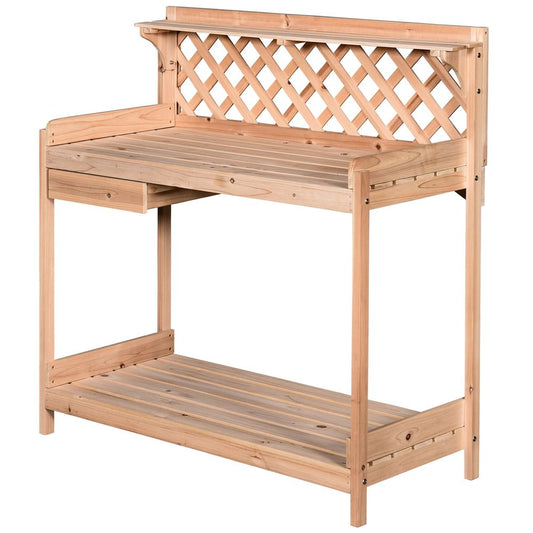 Fir Wood Garden Potting Table with Drawer, Outdoor Utility Station