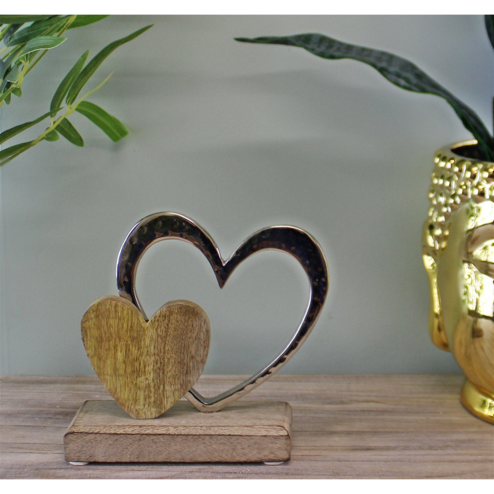 Small Double Heart Ornament on Wooden Base, Romantic Home Décor