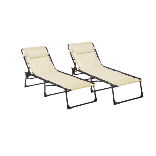 Pair of Cream Outdoor Garden Folding Sun Loungers