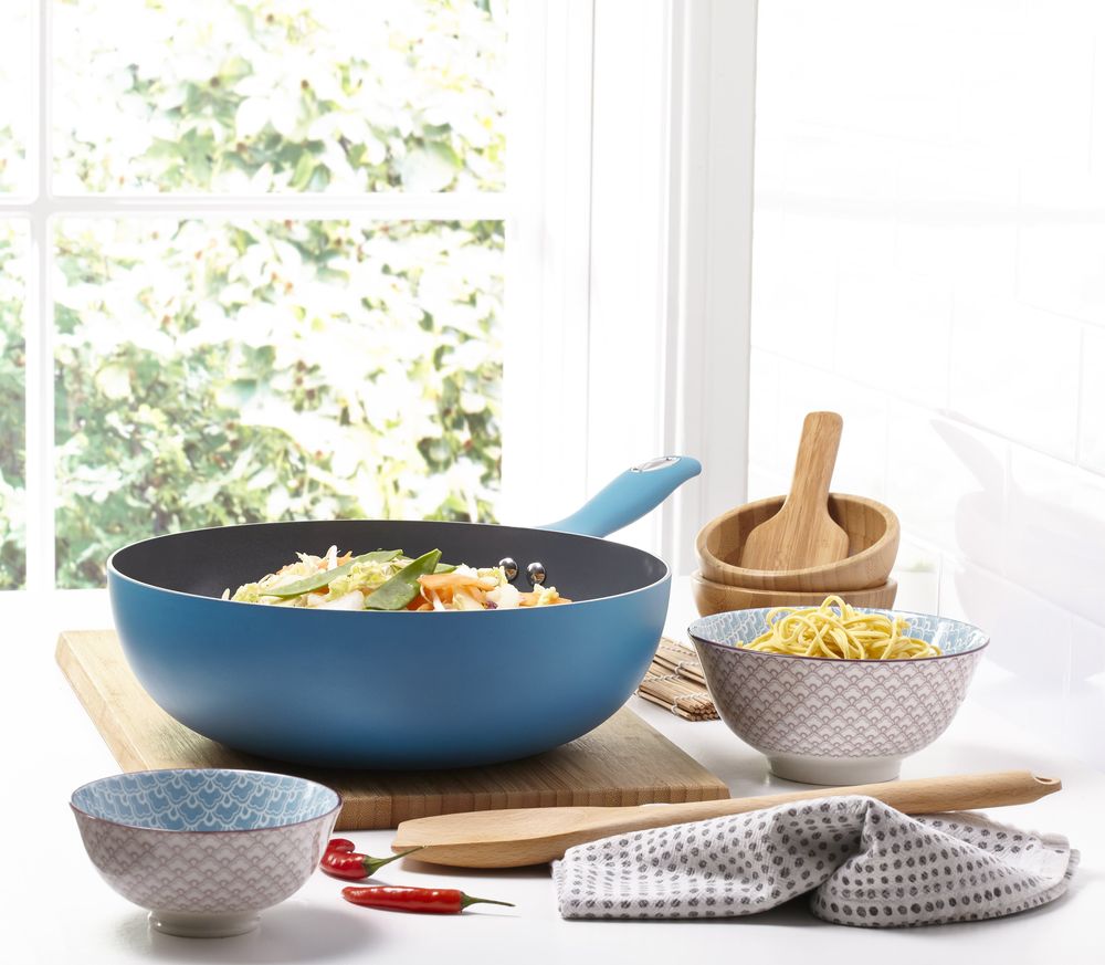 Teal Blue Non-Stick Wok, Stylish and Practical