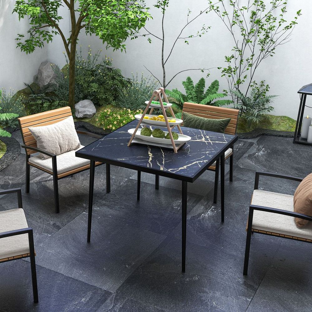 Outdoor Dining Table for 4 with Marble Effect and Tempered Glass Top, Black