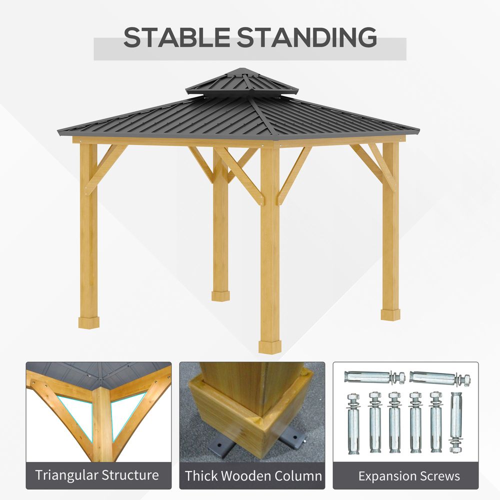 3x3M Hardtop Gazebo with 2-Tier Roof and Solid Wood Frame Grey