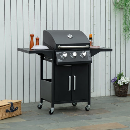 3-Burner Gas BBQ Grill - Portable Barbecue Trolley with Warming Rack and Storage Cabinet