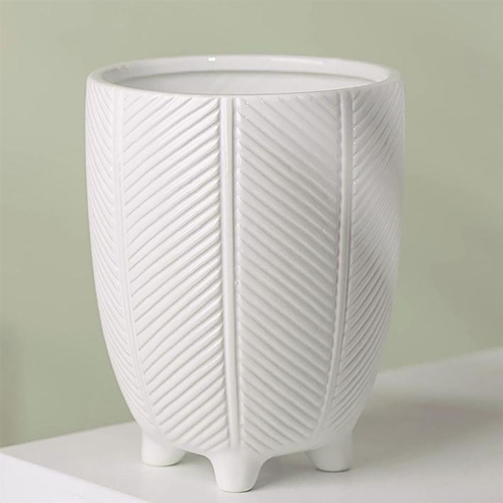 Tall Ceramic Planter Plant Pot With Feet White Stripe 15 x 15 x 19cm