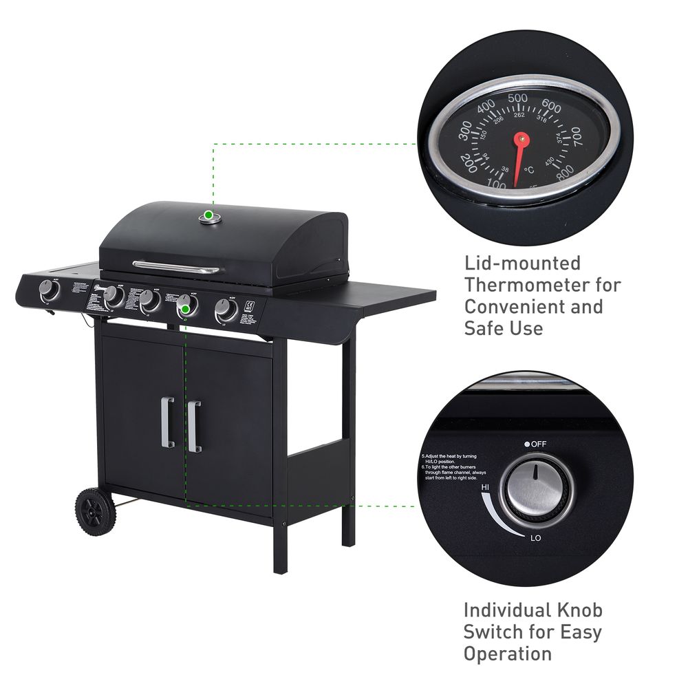 4+1 Gas BBQ Grill with Wheels, Steel-Black