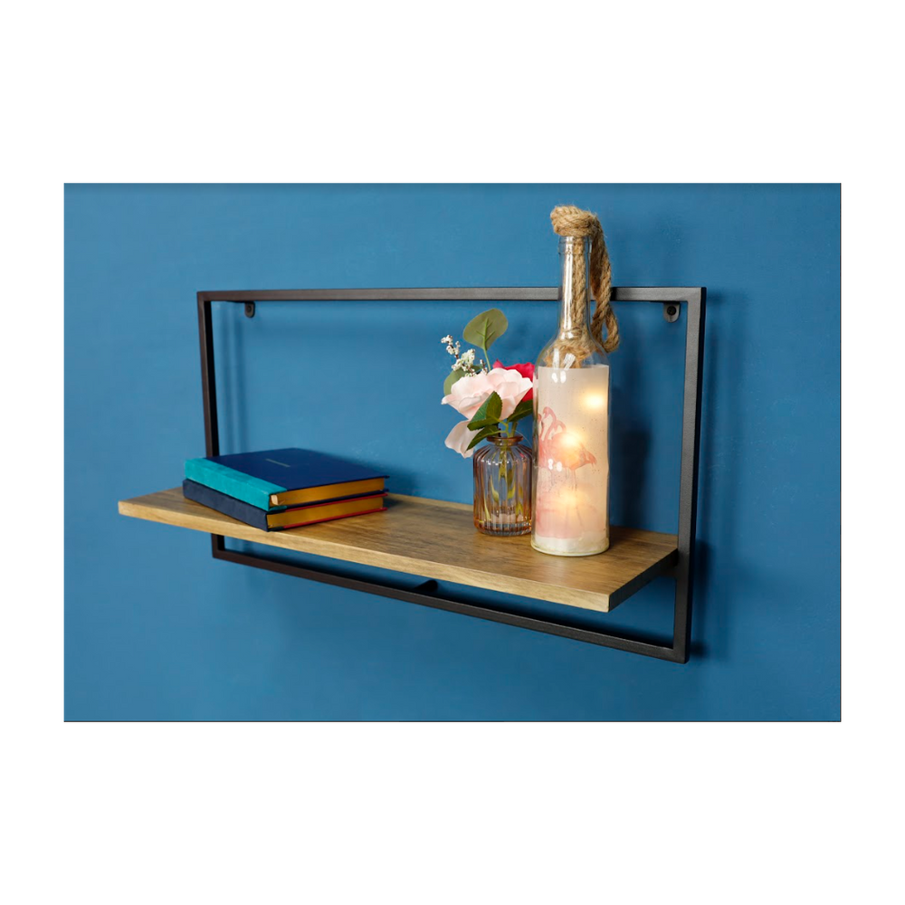 Wide Dark Oak Floating Wall Shelf with Black Metal Frame