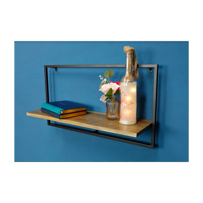 Wide Dark Oak Floating Wall Shelf with Black Metal Frame