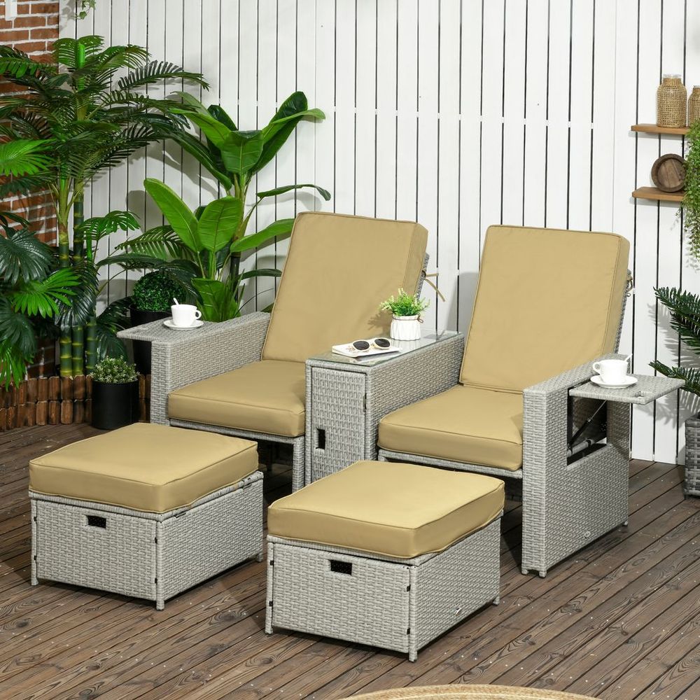 5-level Adjustable Rattan Sun Lounger w/ Storage Tea Table & Footstools, Beige