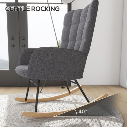 Wingback Rocking Chair for Nursing with Steel Frame and Wooden Base, Grey