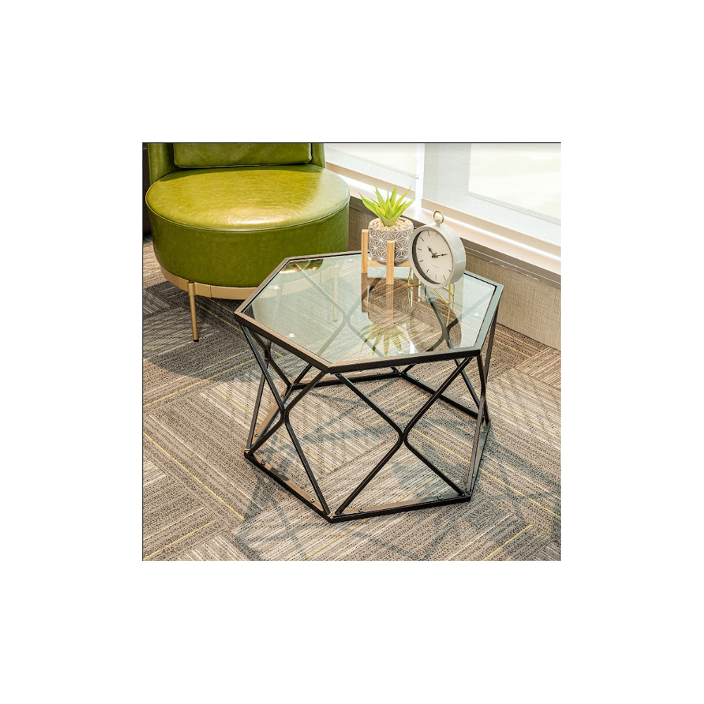 Large Hexagon Tempered Glass Black Coffee Side Table