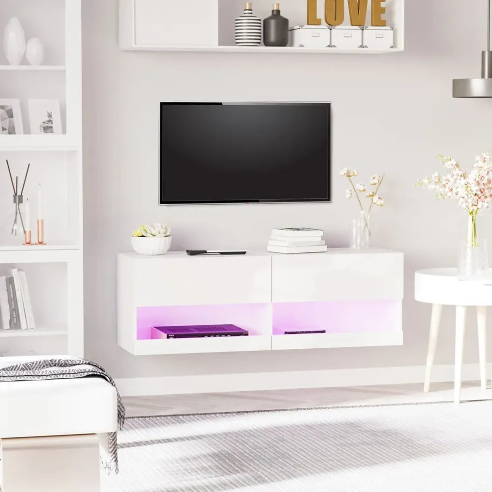 Wall Mount TV Stand - Entertainment Center with LED Lights, Storage & Cable Holes