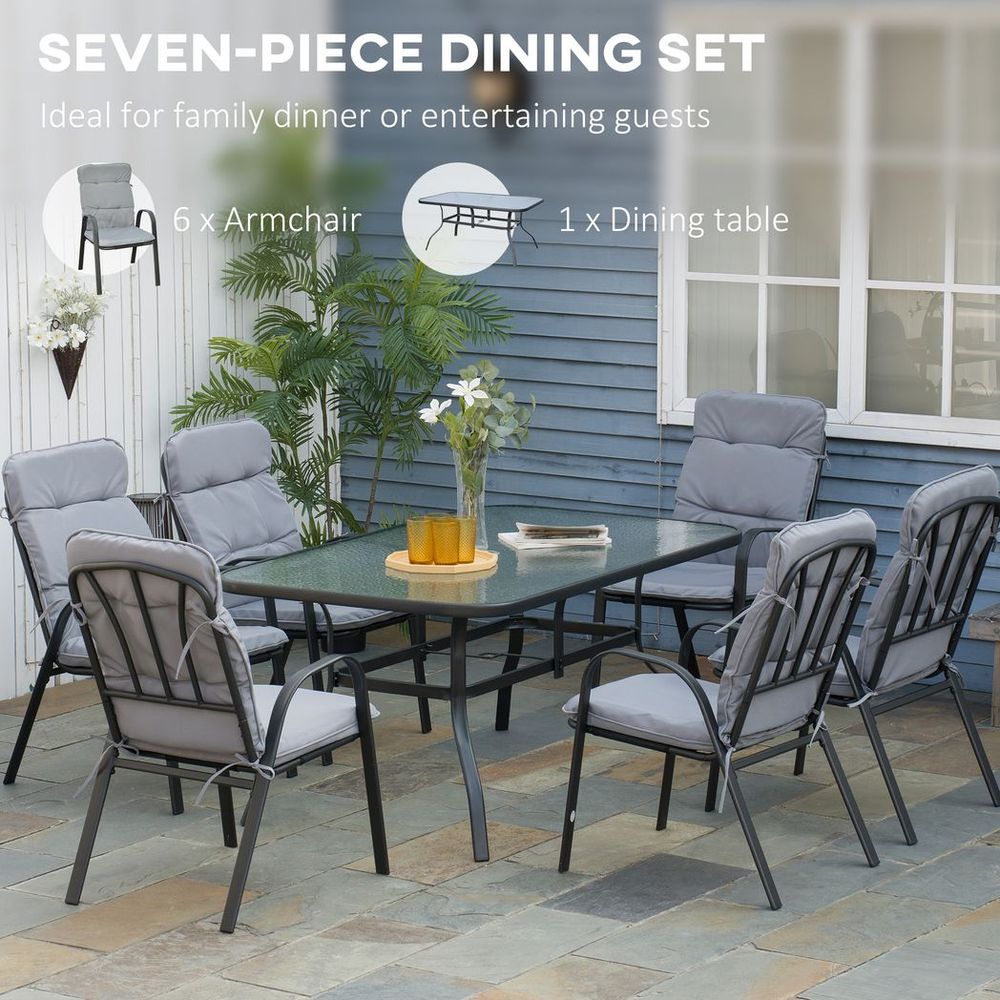 7-Piece Garden Dining Set with Glass Table, Umbrella Hole and Cushions, Black