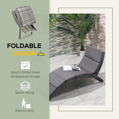 Garden Patio Rattan Wicker Folding Sun Lounger with Grey Cushion