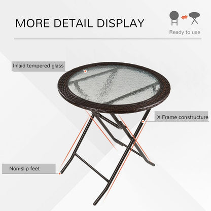 Round Folding Tempered Glass Metal Table with Brown Rattan Edging