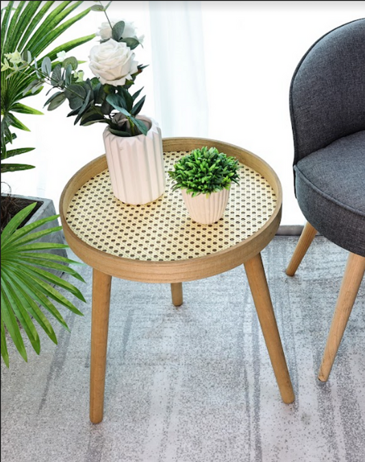 Cane Oak Round Side Table