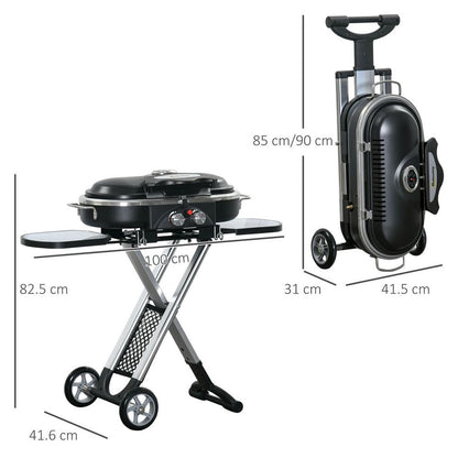 Foldable 2-Burner Gas BBQ Grill Trolley with Side Shelves and Storage Pocket