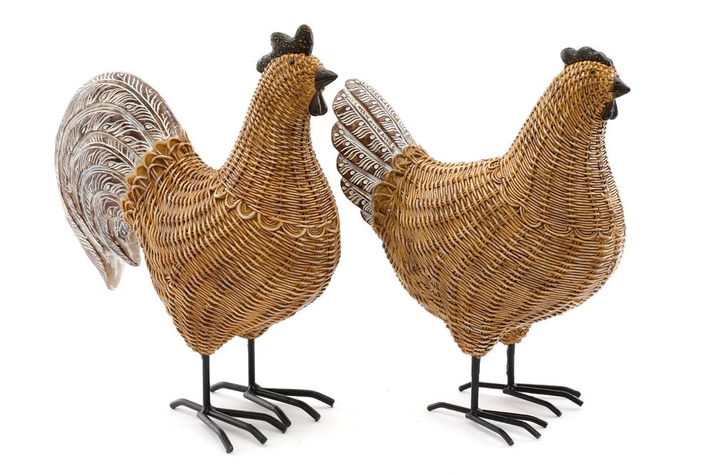 Set of 2 Rattan Chicken Ornaments, Fun and Decorative