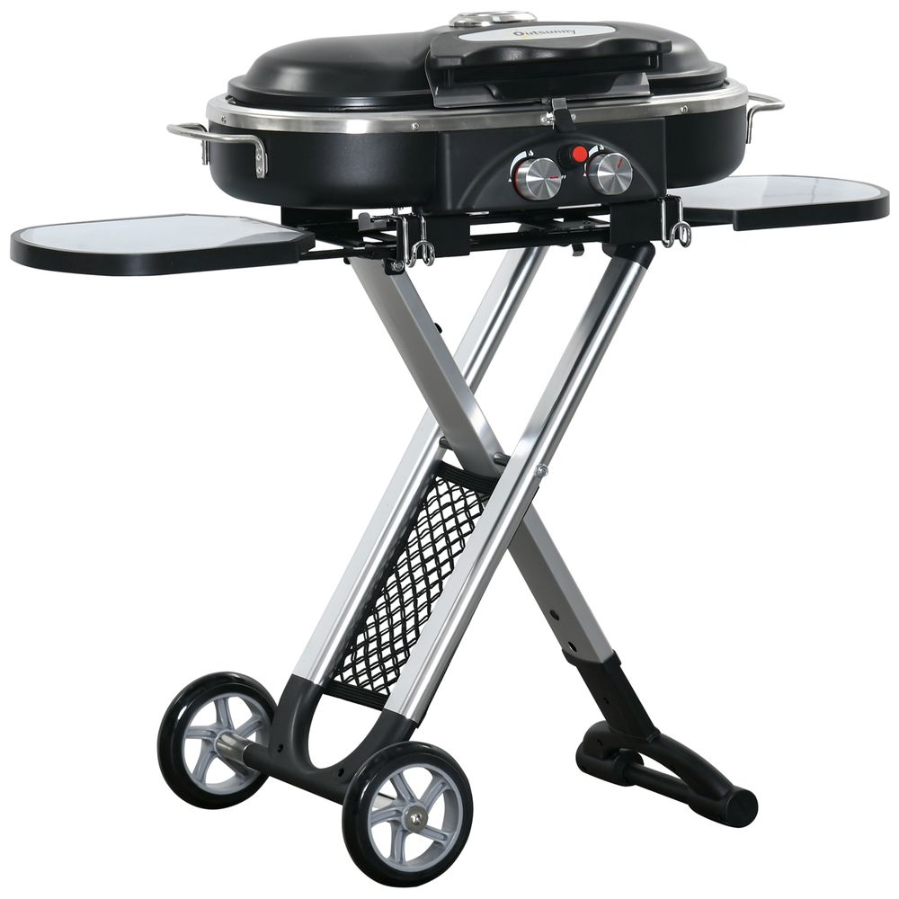 Foldable 2-Burner Gas BBQ Grill Trolley with Side Shelves and Storage Pocket