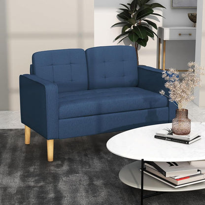 Compact Blue Loveseat Sofa: 2-Seater with Storage & Wooden Legs