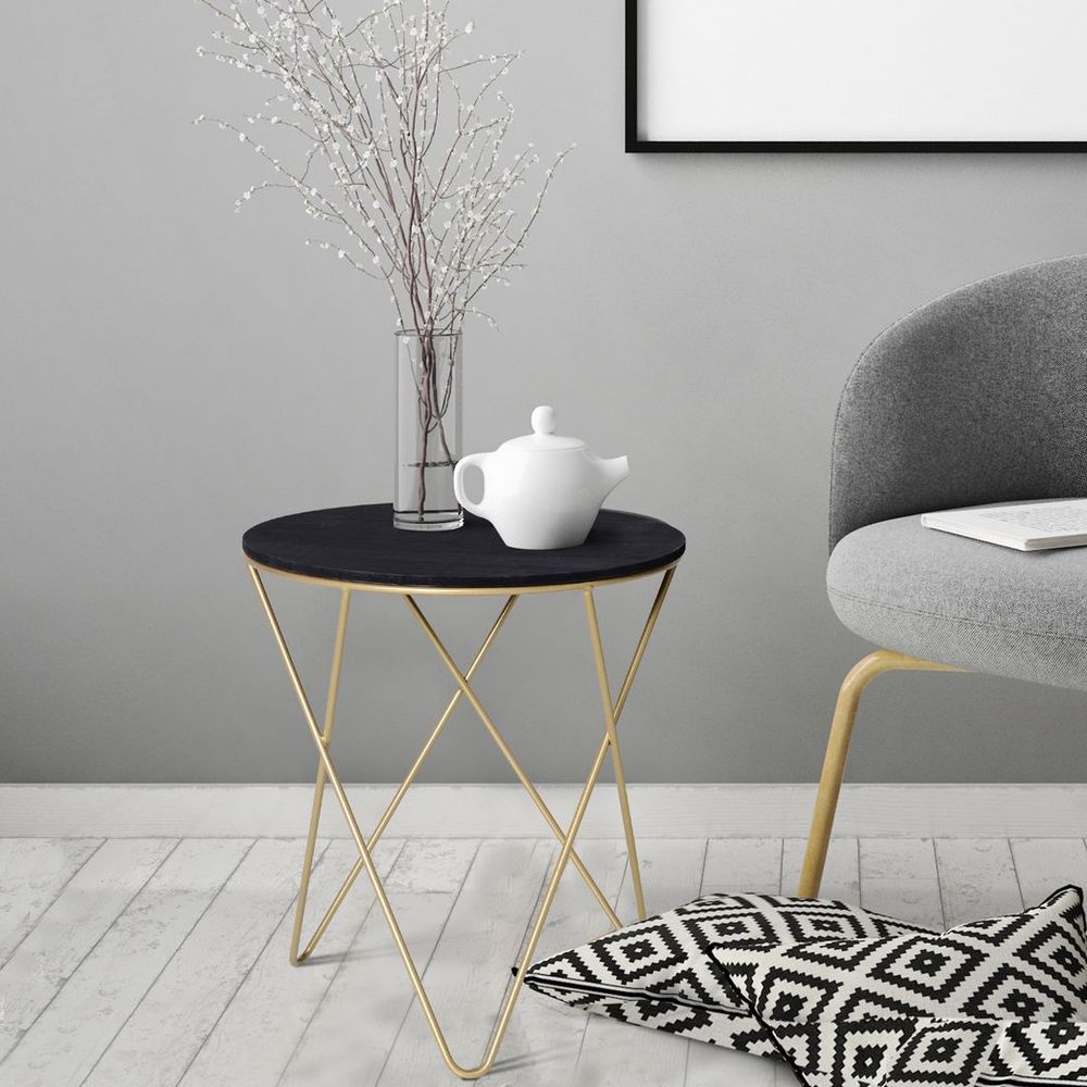 Round Coffee Table – Wood and Metal Sofa End Side Table – Black & Gold