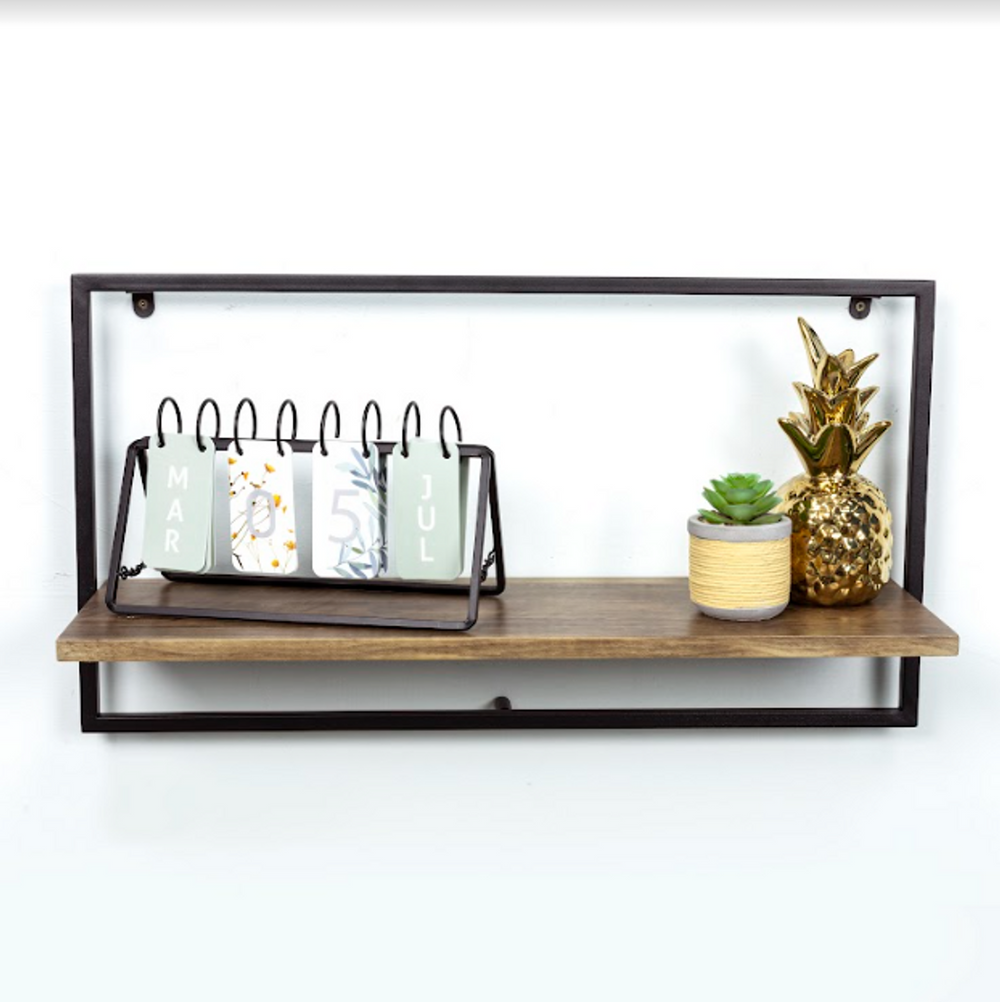 Wide Dark Oak Floating Wall Shelf with Black Metal Frame