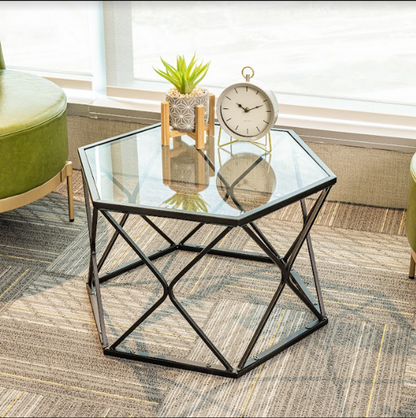 Large Hexagon Tempered Glass Black Coffee Side Table