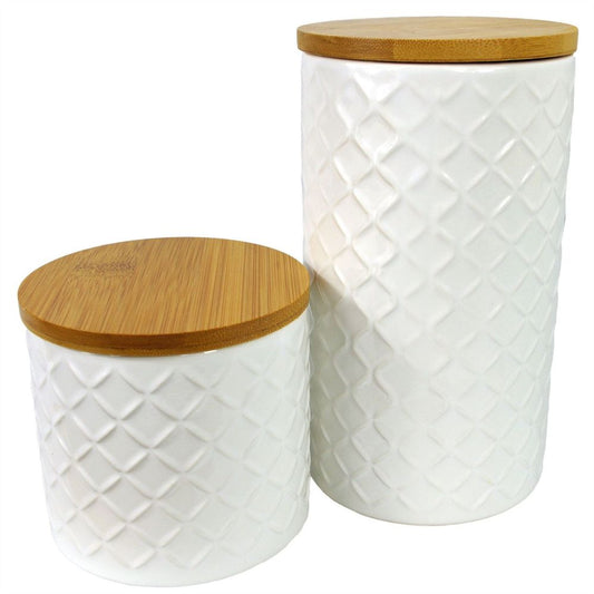 Set of 2 Embossed Cream Ceramic Jars with Lids for Storage