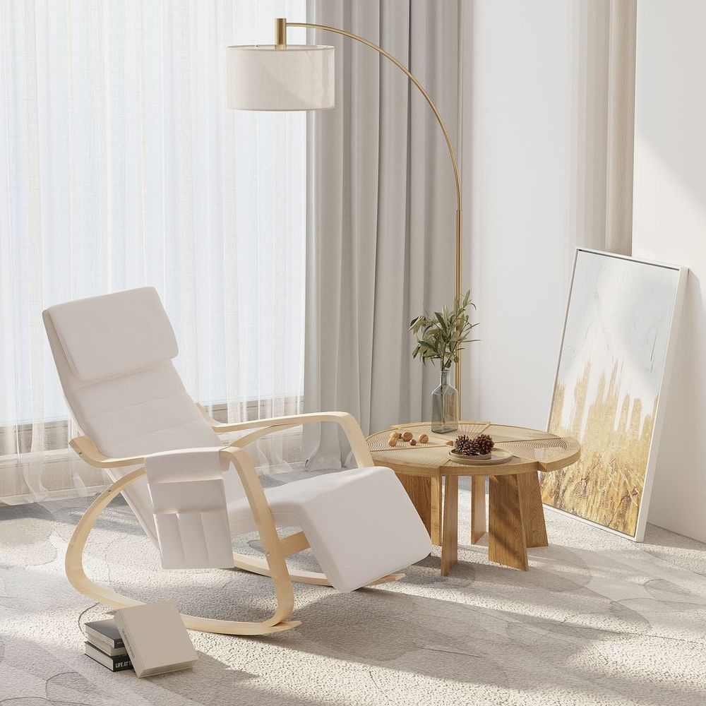 Rocking Recliner Chair with Adjustable Footrest, Cream White Armchair