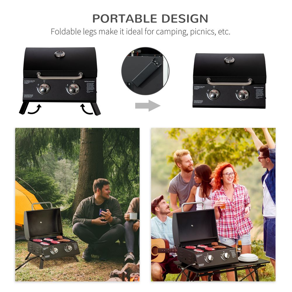 2-Burner Portable Gas BBQ Grill - Folding Tabletop, Black, with Lid and Thermometer