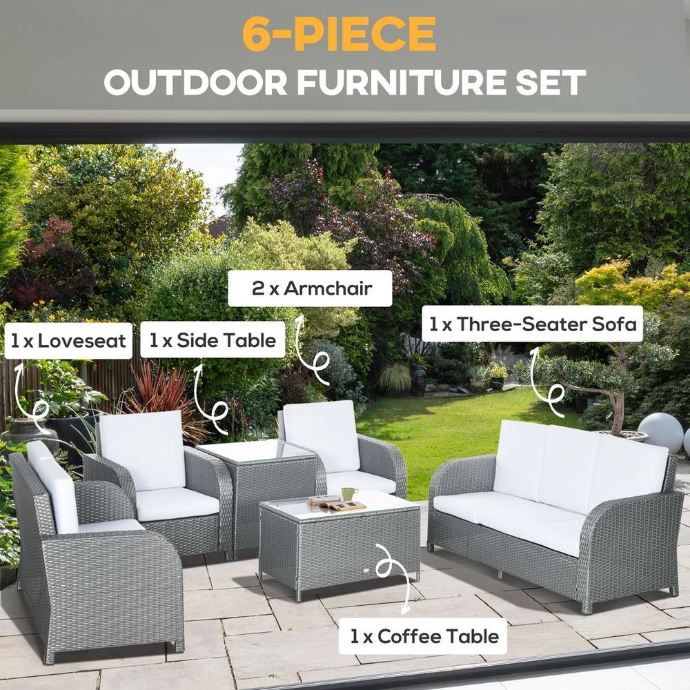 Outsunny 6 Piece Rattan Garden Furniture Set with Sofa, Glass Table, Grey