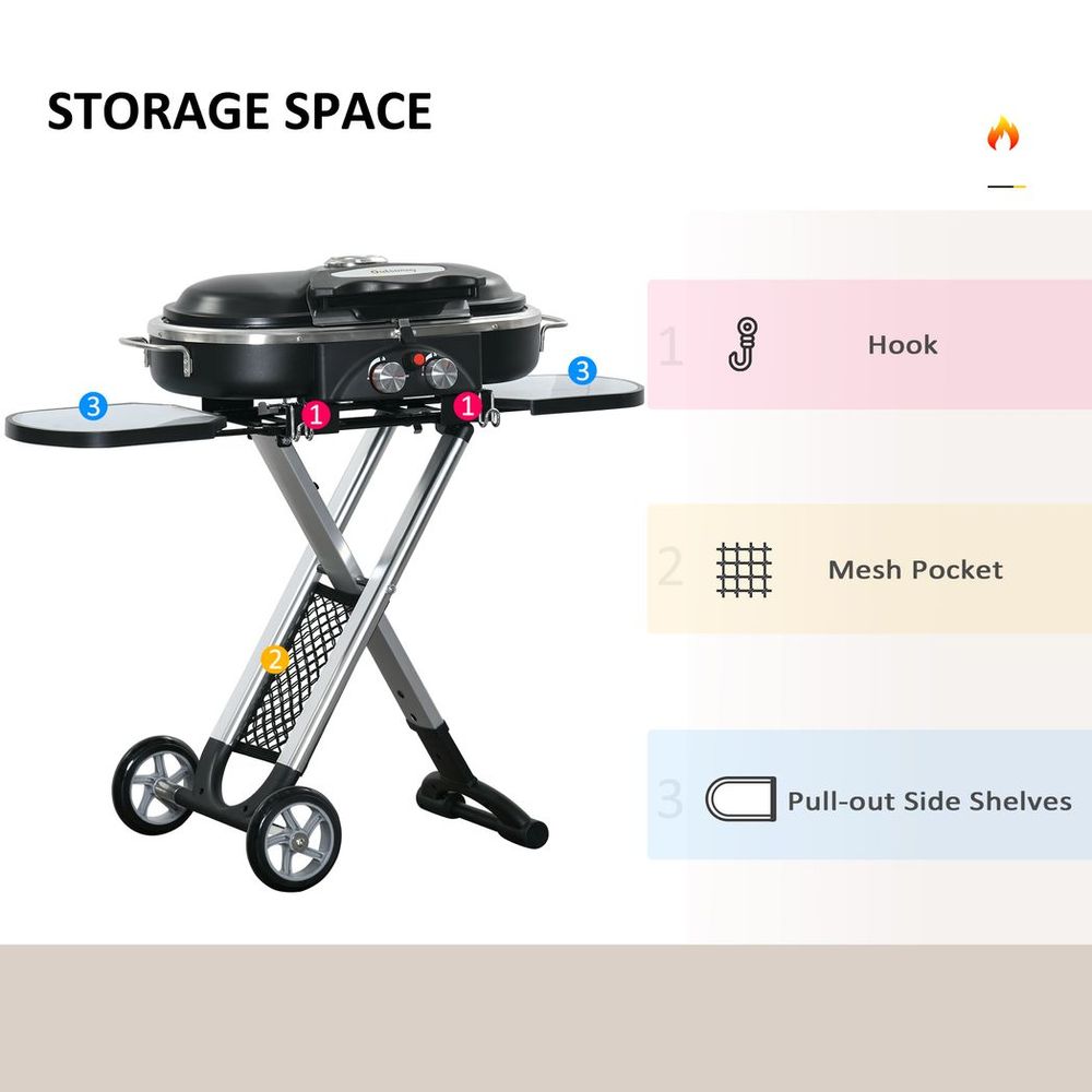 Foldable 2-Burner Gas BBQ Grill Trolley with Side Shelves and Storage Pocket