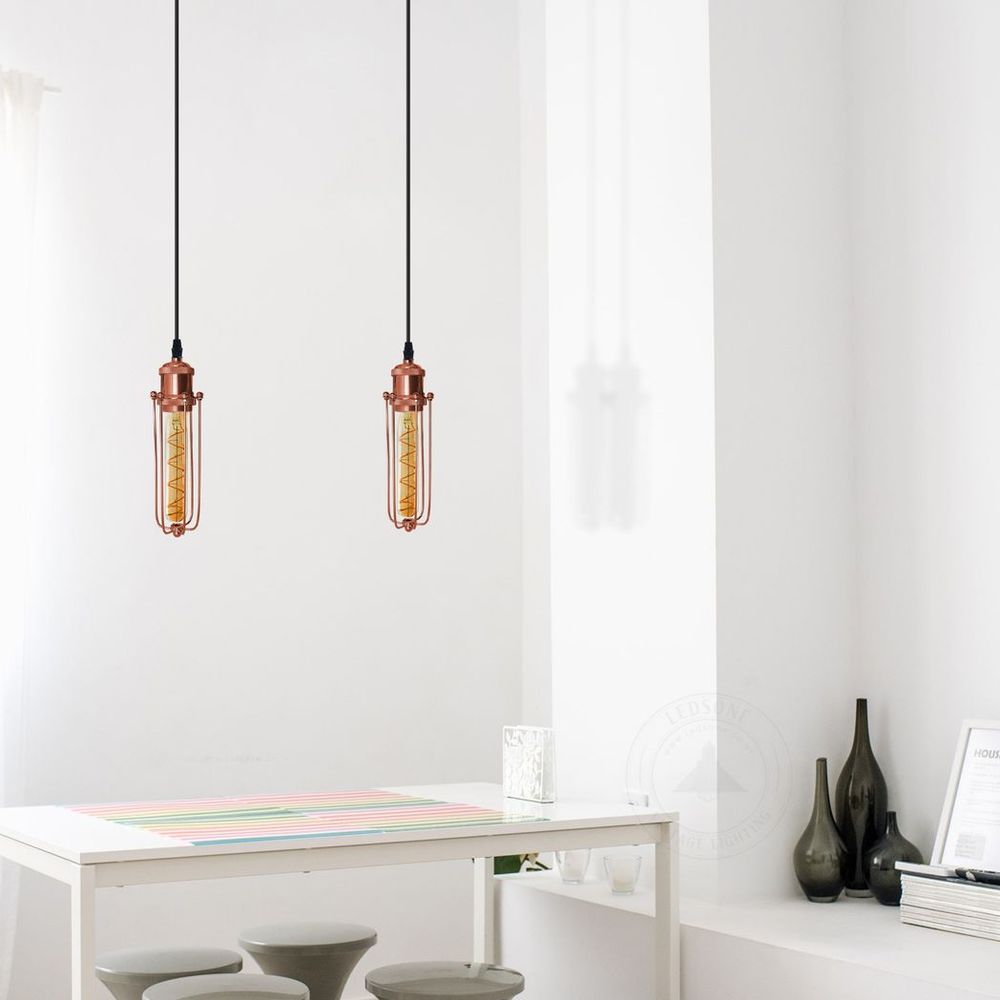 Single Rose Gold Ceiling E27 Pendant Light with Wire Cage, Industrial Vintage Hanging Lamp Fixture