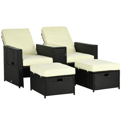 5-Level Adjustable Rattan Sun Lounger - Black with Storage, Tea Table & Footstools