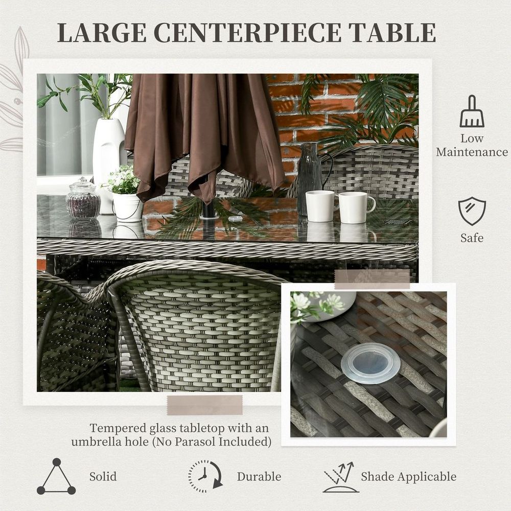 7-Piece Rattan Dining Set with Tempered Glass Table and Umbrella Hole