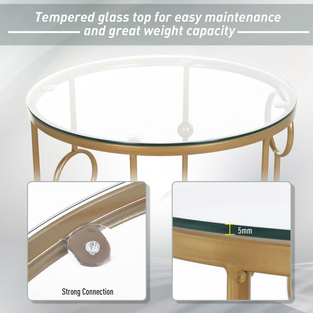 HOMCOM Set of 2 Gold Nesting Coffee Table, Side Tables W/ Tempered Glass Top