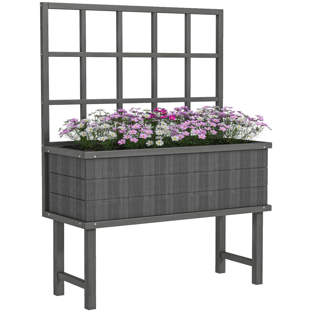 Wood Raised Planter w/ Trellis Drain Holes Elevated Garden Bed Grey