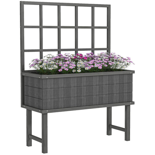 Outsunny Wood Raised Planter w/ Trellis Drain Holes Elevated Garden Bed Grey