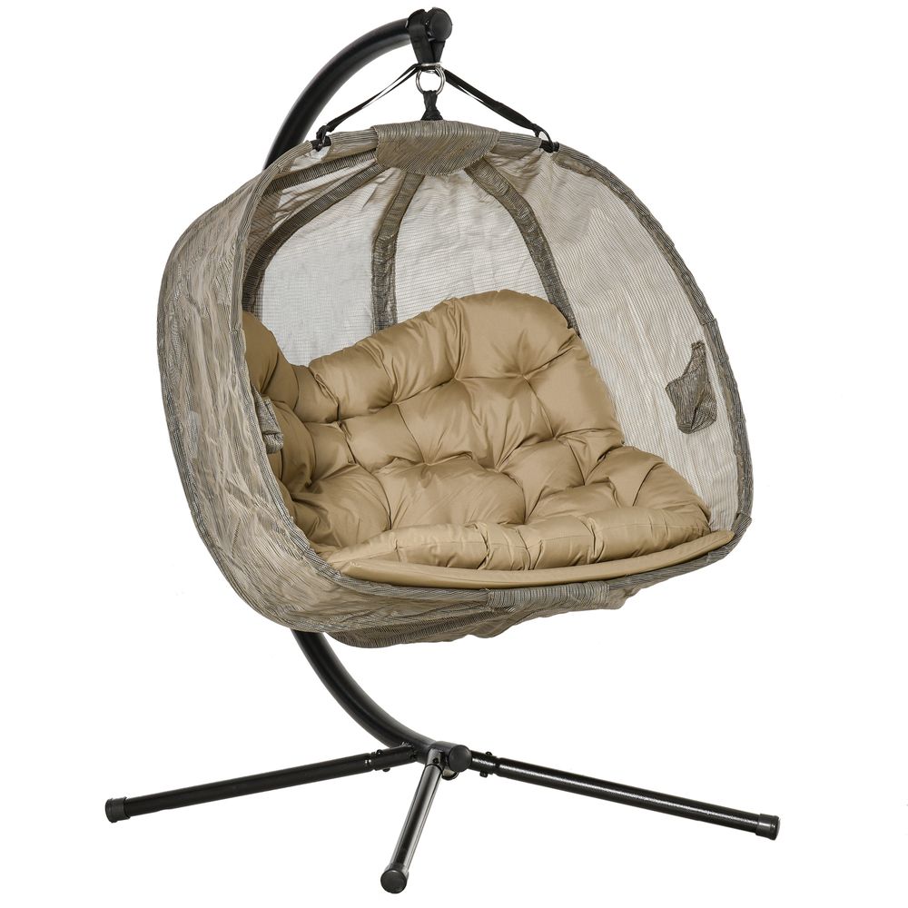 Brown Double Hanging Egg Chair with Cushions for 2-Seater Swing Hammock