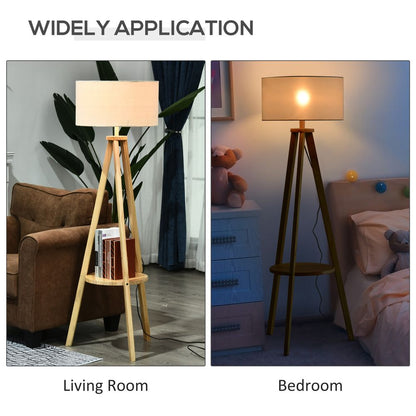 Floor Lamp, 154H cm-Beige/Natural Wood Colour