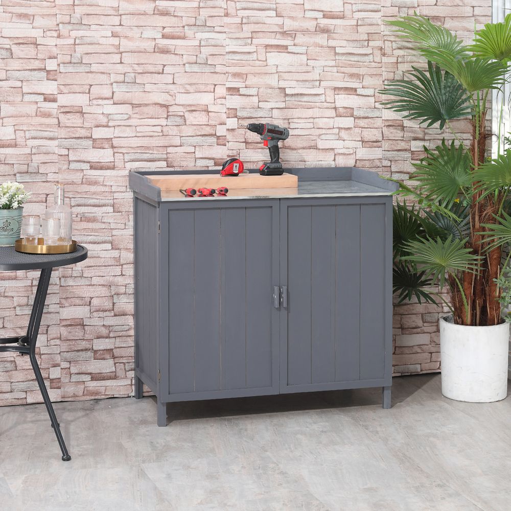 Garden Storage Cabinet, Potting Bench Table Galvanized Grey