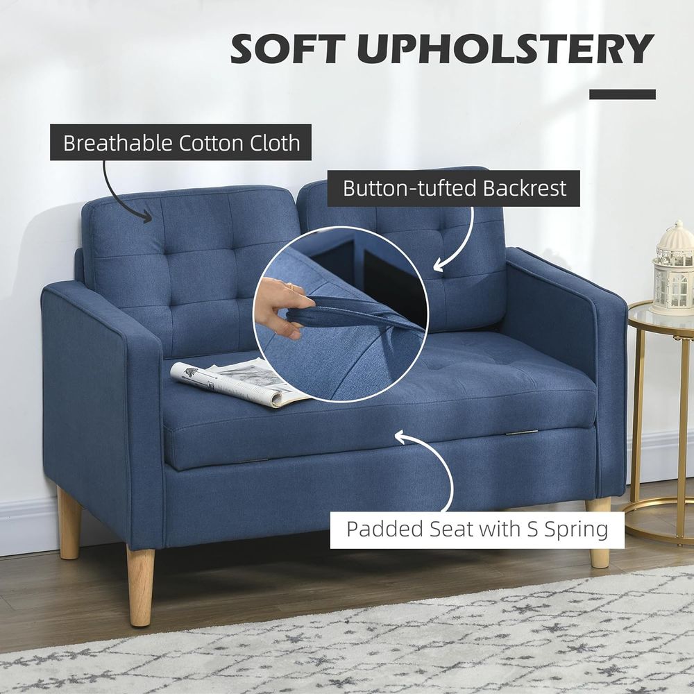 Compact Blue Loveseat Sofa: 2-Seater with Storage & Wooden Legs