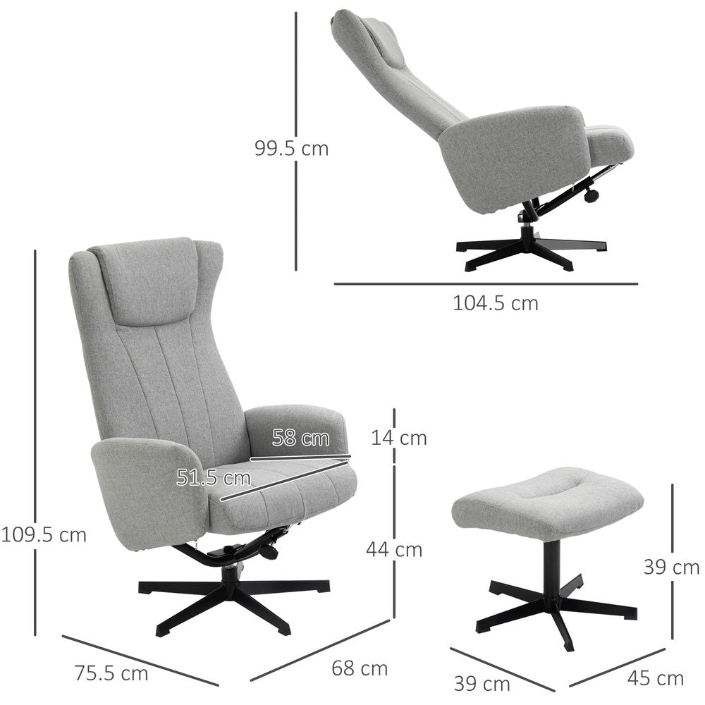 Recliner with Ottoman, Thick Padded Cushion, and Adjustable Back, Light Grey