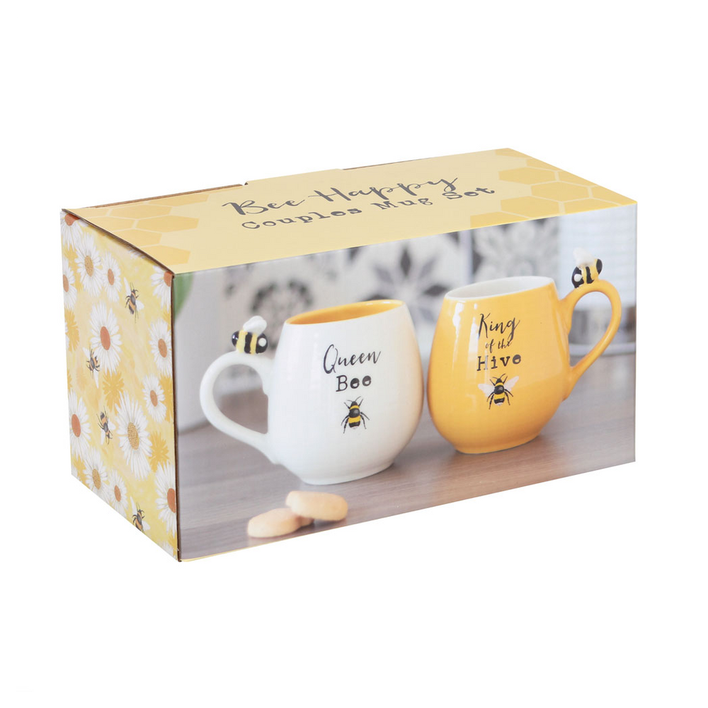 Bee Happy King and Queen Couples Mug Set, Perfect for Partners