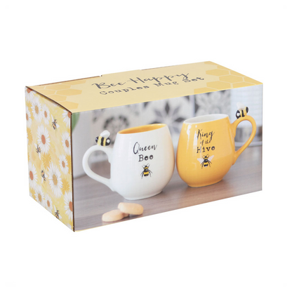 Bee Happy King and Queen Couples Mug Set, Perfect for Partners