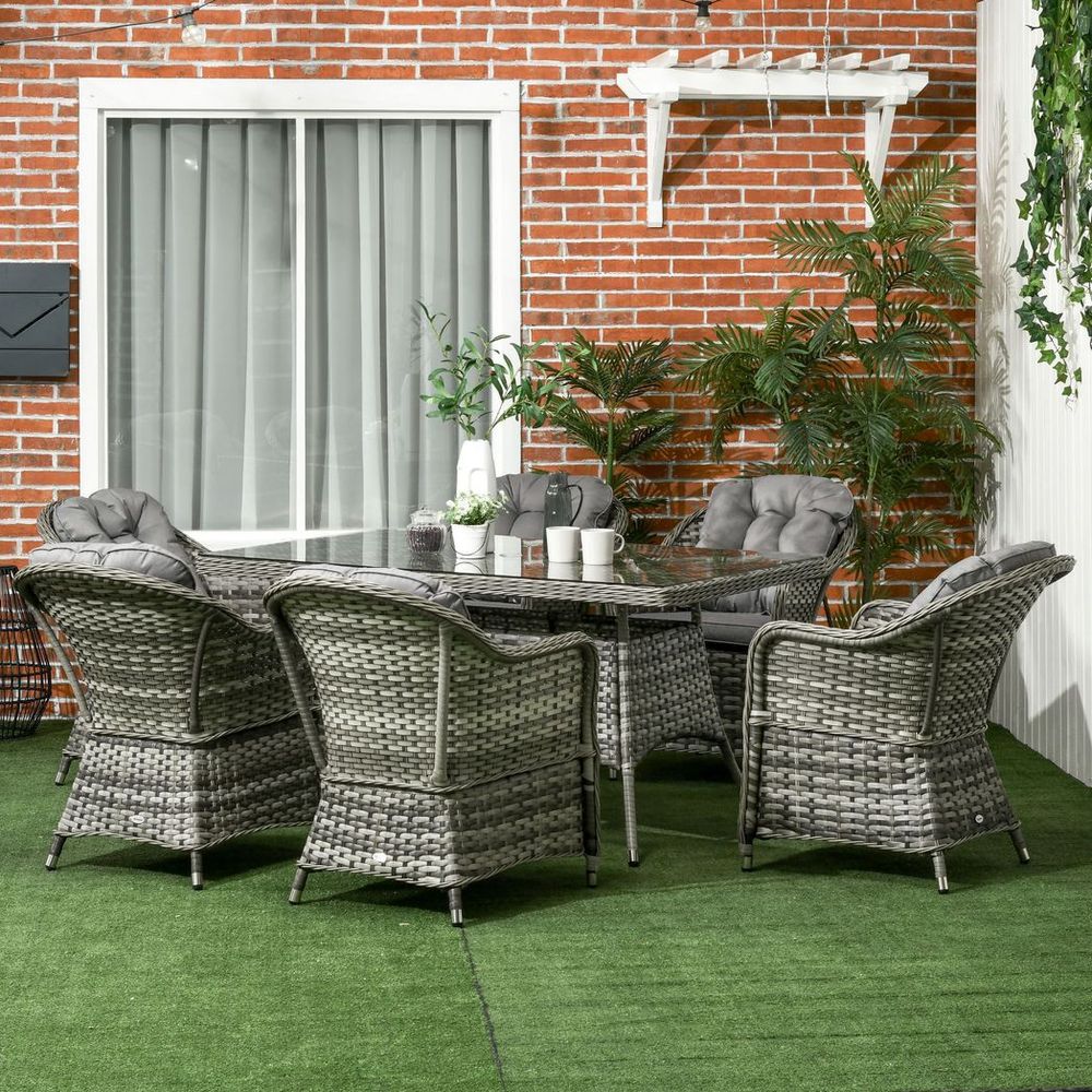 7-Piece Rattan Dining Set with Tempered Glass Table and Umbrella Hole